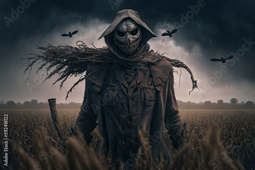 Canvastavla Scary scarecrow in the field. Halloween concept. Generative ai