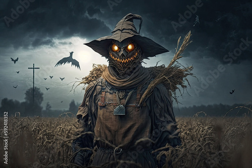 Scary scarecrow in the field. Halloween concept. Generative ai