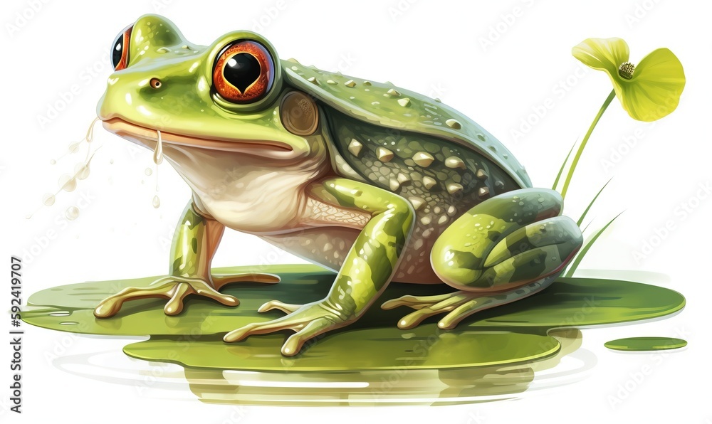 Obraz premium a green frog sitting on top of a green leaf covered ground next to a green plant with a flower in it's mouth and a spout of water. generative ai
