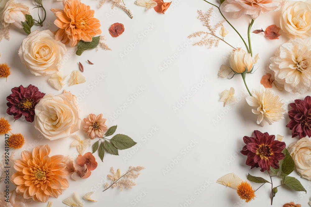 Flowers on a cream color background with copy space (AI Generated)