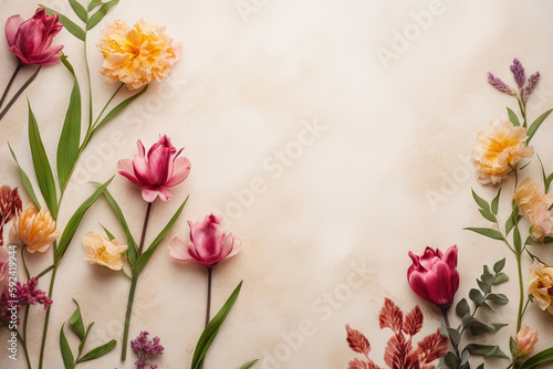 Flowers on a cream color background with copy space (AI Generated)