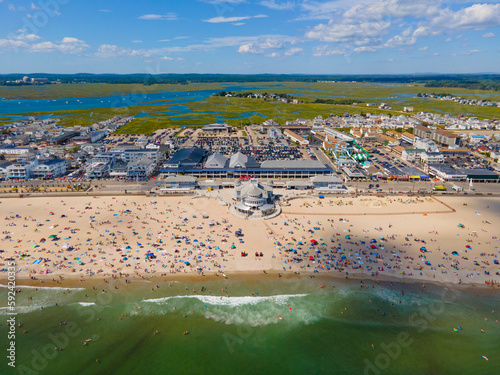 Hampton Beach aerial view including historic waterfront buildings on Ocean Boulevard and Hampton Beach State Park, Town of Hampton, New Hampshire NH, USA. photo