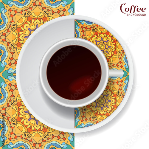 Cup of coffee with colorful ornament on a saucer and vertical seamless floral geometric pattern. Business coffee break concept, interior design background. Isolated coffee cup and plate decor element