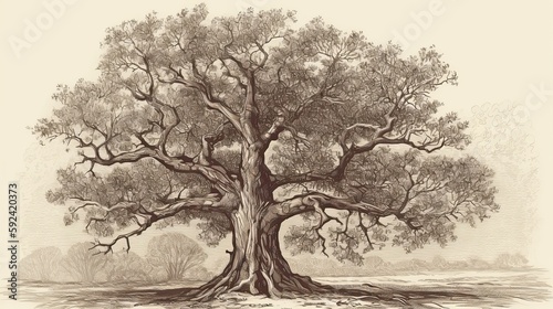 A Branched Oak Tree - A Heartwarming Family Tree with Stunning Engravings, Hand Drawn in a Vintage Style. 