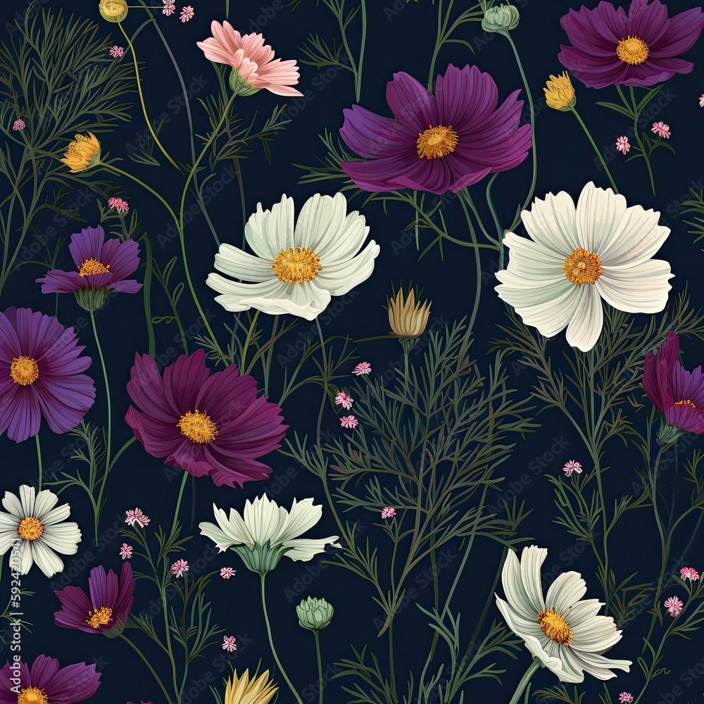A Feast for the Eyes: Seamless Cosmos Floral Pattern of Flowers, Leaves and Blossoms in All Seasons: Generative AI