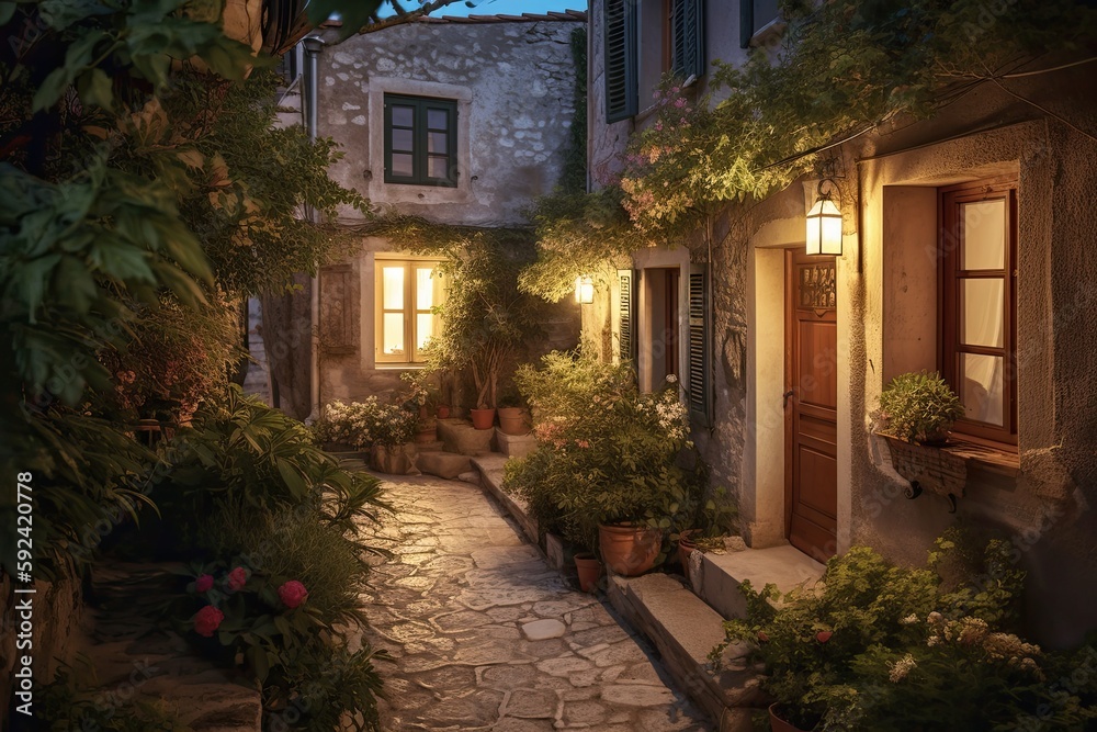 A Rustic Painting of an Inviting Greek Village at Twilight: An Evening in an Old-Fashioned White Street with Glowing Lamps & Summer Flowers. Generative AI