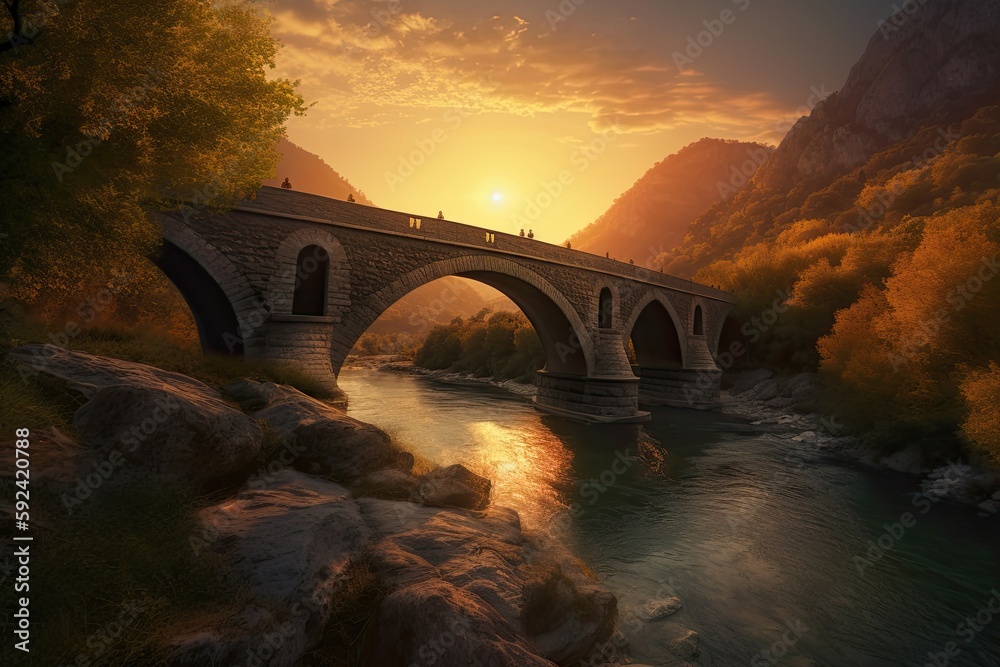 A Serene Scenic Sunset at the Mountain-Lined River Valley: Admire the Ancient Bridge and Arch over the Sky-Filled Landscape: Generative AI