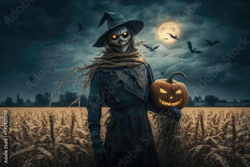 Tela Scary scarecrow in the field. Halloween concept. Generative ai