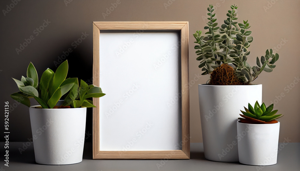 Wooden vertical frame with white blank card. AI generated
