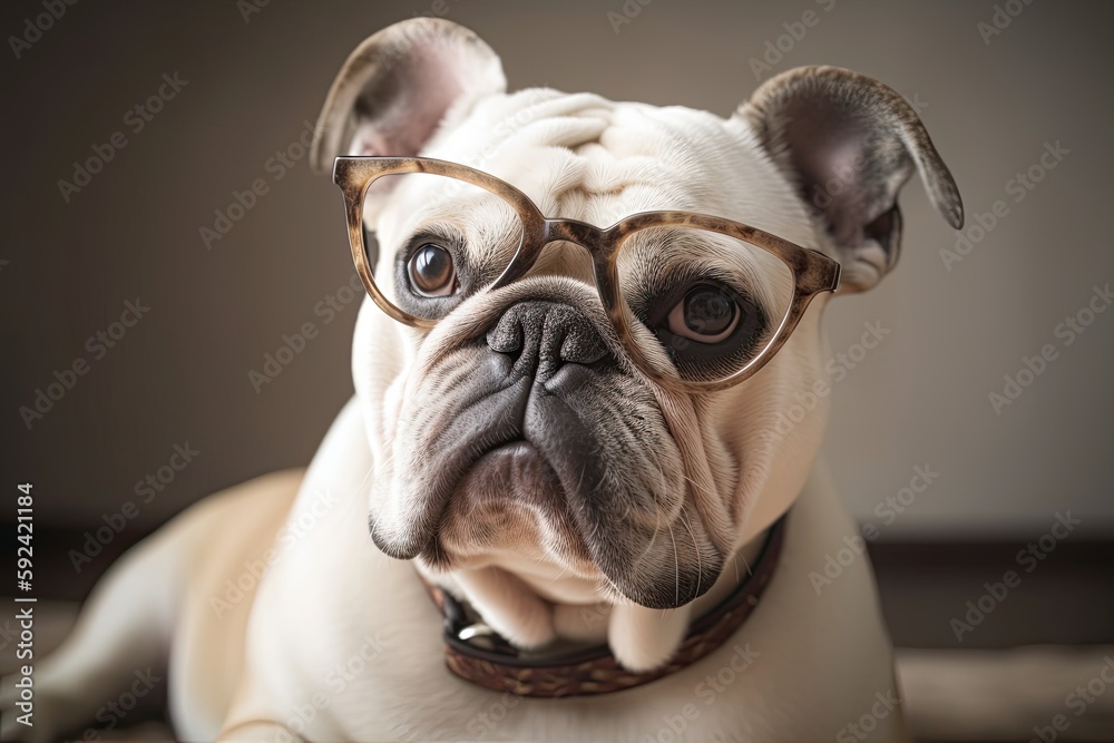 Adorable White French Bulldog with Glasses: A Charming Canine Pet Portrait: Generative AI