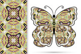 Decorative butterfly and colorful doodle seamless pattern, hand drawn repeating texture. Isolated elements for textile fabric, paper print, invitation or greeting card design. Vector animal collection