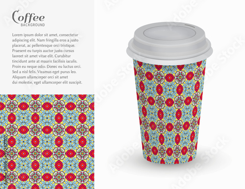 Cardboard paper cup of coffee with ornament and seamless geometric pattern. Take away coffee packaging template, isolated design elements for coffee shop, restaurant menu. Realistic vector cup