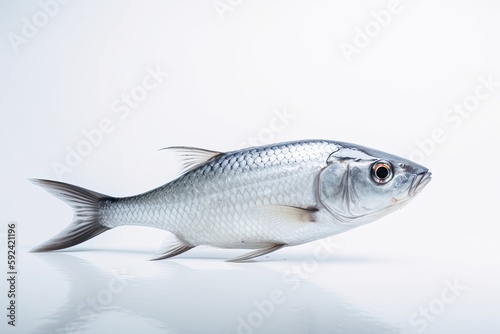 Alone in the Deep Blue: Simple White Fish Swimming Fresh Water on Isolated White Background: Generative AI