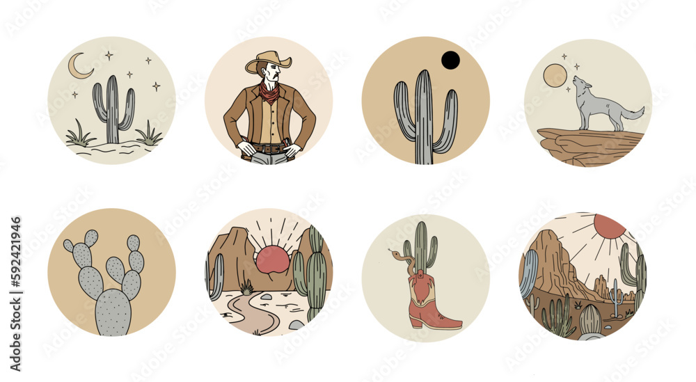 Wild west icon set, retro cartoon vector social media highlight covers.