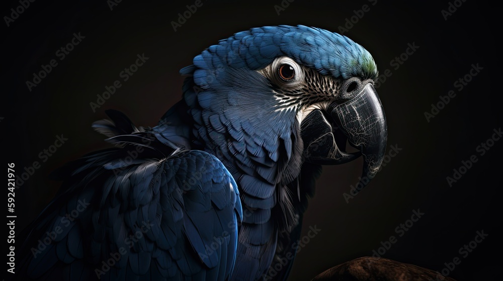 Fototapeta premium Enchanting Blue Macaw Parrot Spreads its Wings Over Wild Dark Background. Generative AI