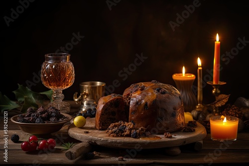 Festive Celebrations Around a Delicious Traditional Christmas Pudding: Candlelight, Decorations, and Drinks for the Holiday: Generative AI