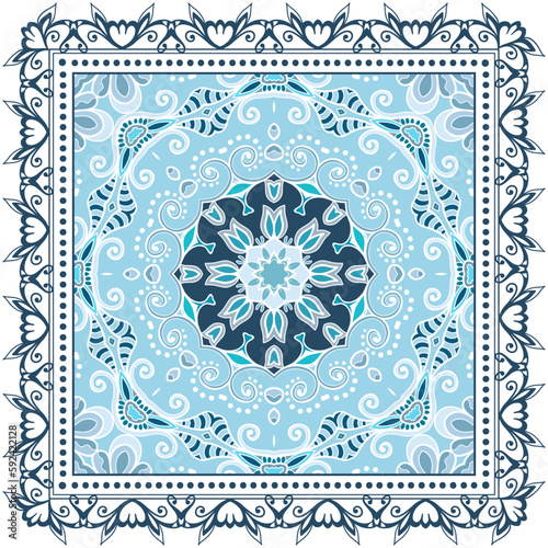 Decorative doodle ornament, symmetric pattern with lace frame. Tribal ethnic mandala decor. Bandana shawl, hijab, tablecloth fabric print, silk neck scarf, kerchief design. Colorful vector background