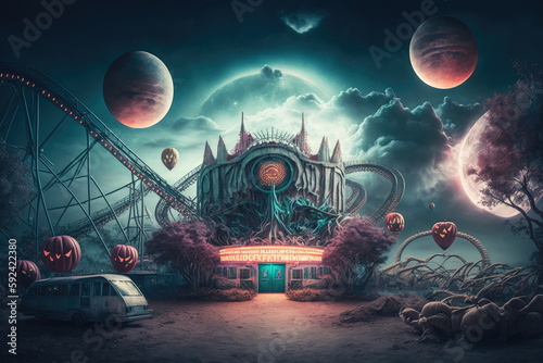 Scary abandoned amusement park. Halloween concept. Generative ai