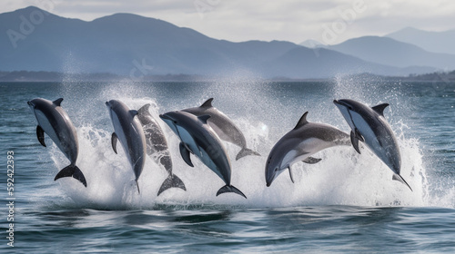 Dolphins jumping out of the ocean and making huge splash of water in the sun - Generative AI