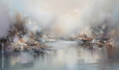  a painting of a river with a sky in the background and clouds in the sky above it and a few boats in the water below. generative ai
