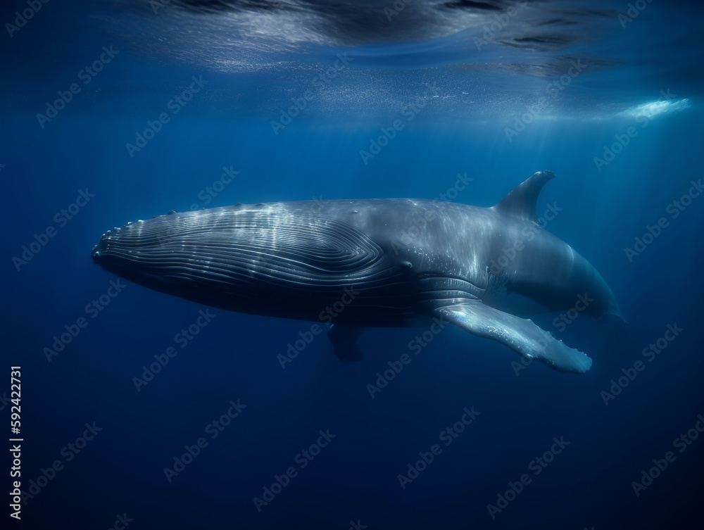 Blue whale swimming in deep dark blue ocean - Generative AI