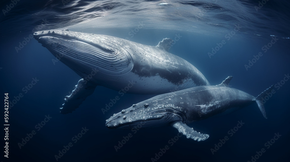 Fototapeta premium Blue whale swimming in deep dark blue ocean - Generative AI