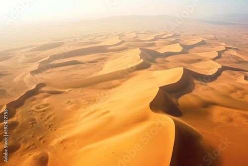 Sand dunes in desert aerial view from drone. Created with Generative AI technology. photo