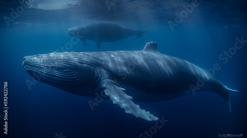 Blue whale swimming in deep dark blue ocean - Generative AI