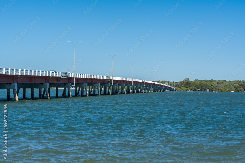 Bribie Island bridge crossing Sandstone Passage, viewed from Sylvan Beach on Bribie Island, Queensland, Australia