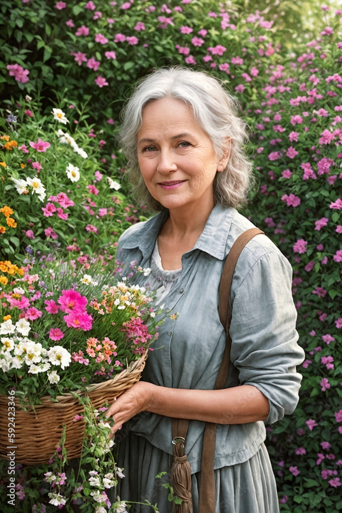 Portrait of an happy elderly woman with flowers in a garden. Generative AI. Portrait of an happy elderly woman with flowers in a garden. Generative AI.