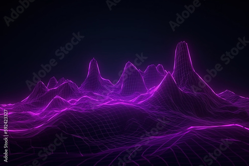 renderização 3D, fundo violeta de realidade virtual abstrata, paisagem de espaço cibernético com montanhas irreais