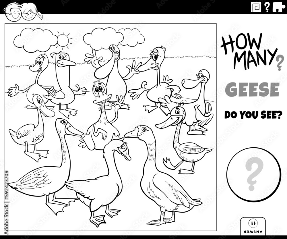 Fototapeta premium counting cartoon geese birds educational task coloring page