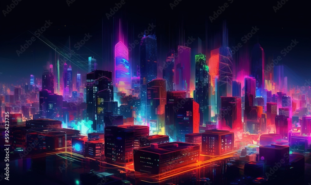  a futuristic cityscape with neon lights and skyscrapers in the background, with a dark sky and a neon glow of the city.  generative ai