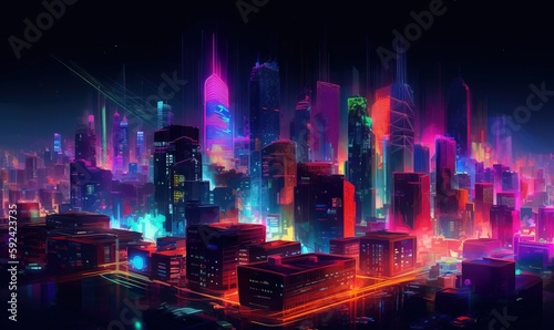  a futuristic cityscape with neon lights and skyscrapers in the background, with a dark sky and a neon glow of the city. generative ai © Anna