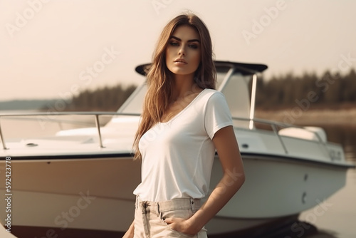 Mulher atraente em uma camiseta branca cortada fica perto do barco na praia, photo