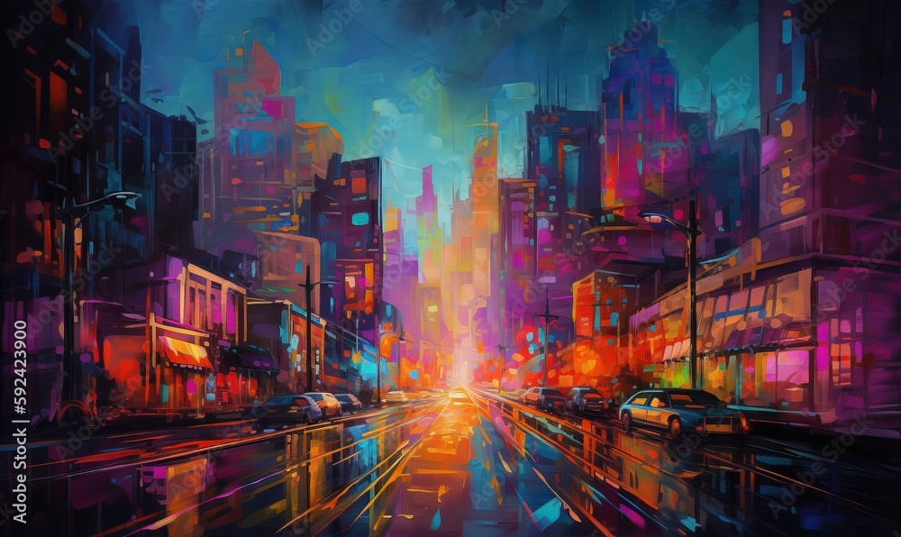  a painting of a city street at night with cars driving down the street and buildings in the background with a bright light shining on the street.  generative ai