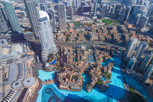 UAE, Dubai panoramic skyline view from Burj Khalifa of city downtown and Dubai Mall.