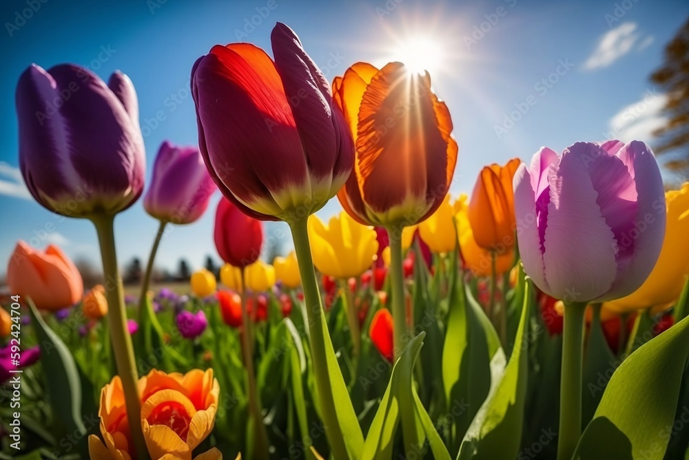 Colorful tulips flowers under the rays of the sun