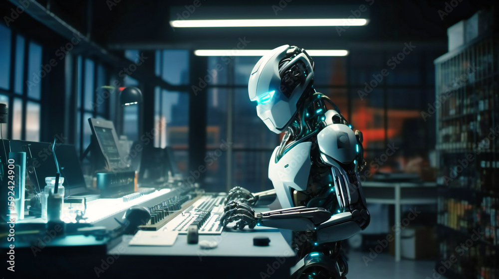 The robot in the industrial office, with a lights and blue lights The robot in the industrial office, with a lights and blue lights