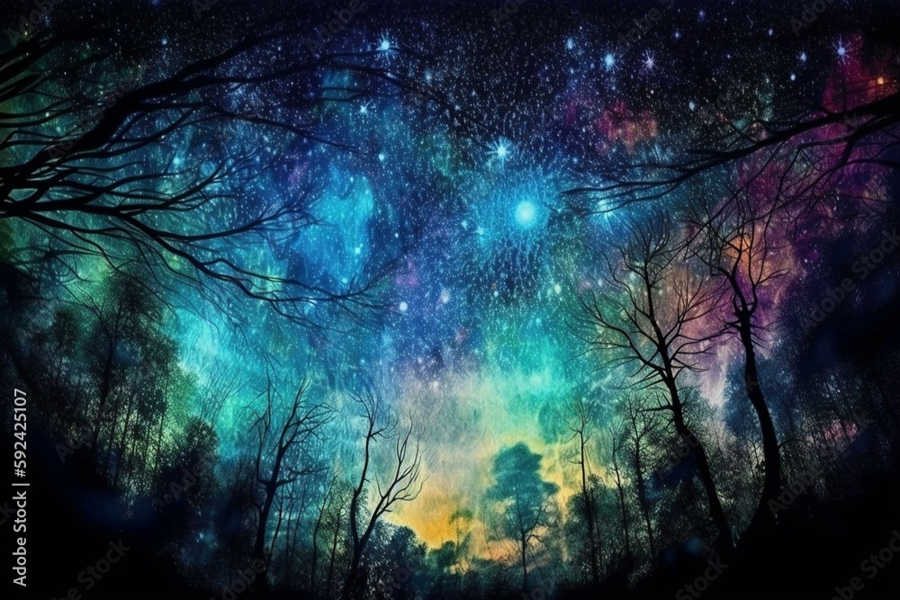 fantastic summer night forest with stars and nebulas, neural network generated art. Digitally generated image. Not based on any actual person, scene or pattern. Generative AI fantastic summer night forest with stars and nebulas, neural network generated art. Digitally generated image. Not based on any actual person, scene or pattern. Generative AI