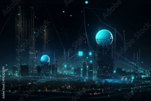 Raster illustration of Communication towers with neon blue wires. Electricity, internet connection, sphere with mobile network, 5g, future, dark sky, buildings. View of the night city.. Generative AI