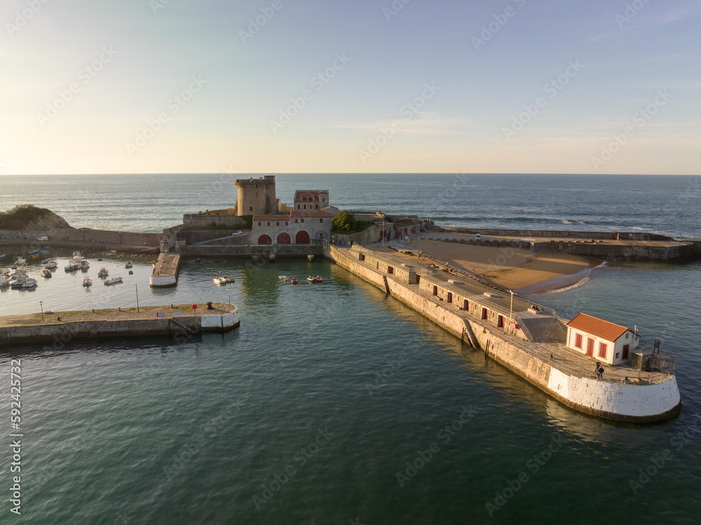 Aerial view of the Fort and port of Socoa at sunset, Ciboure, France.