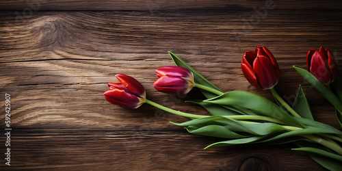 Tulips banner on a wood texture  background  spring