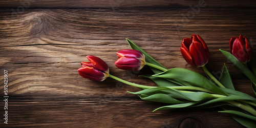 Tulips banner on a wood texture, background, spring