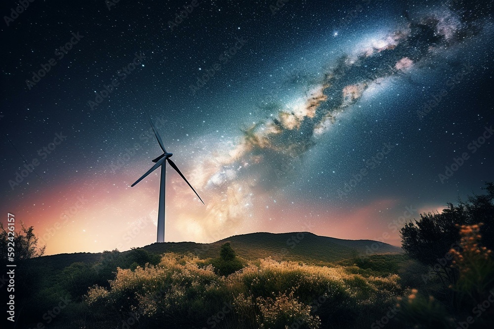 Starry sky, milky way and wind turbine: this night landscape illustrates the protection of our planet by renewable energies. A poetic universal image. Generative AI - obrazy, fototapety, plakaty 