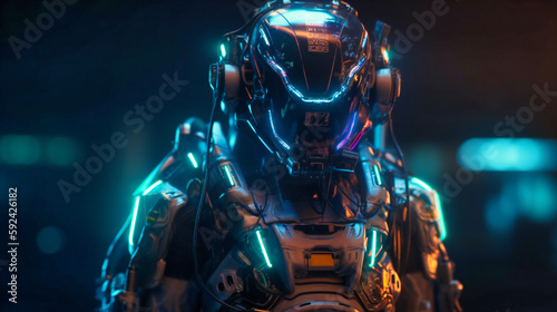A robotic exoskeleton armor with human operator with neon glow