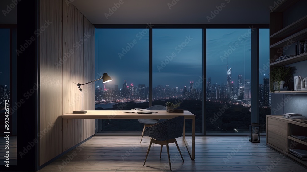 Fototapeta premium Scenic Online webinar virtual city night meeting interior home office background for teams video call backdrop. Created using Generative AI.