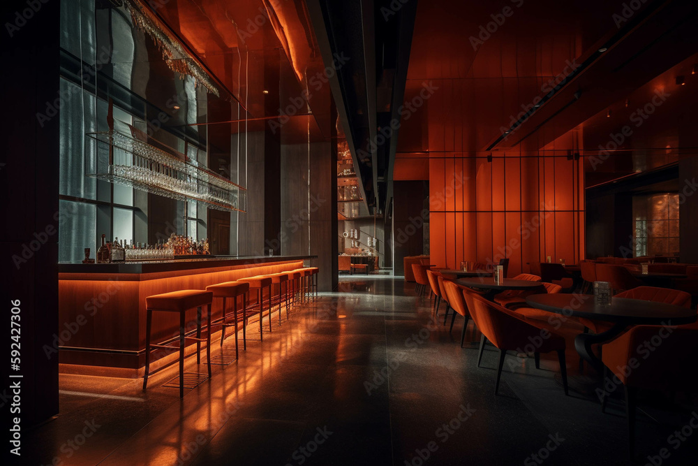 Minimalist fancy restaurant and bar. Dark orange color palette. Centered perspective. Interior Design