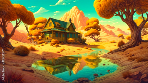 The house with the water a desert scene
