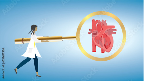 Woman, doctor, researcher, surgeon taking a good look at heart with big magnifying glass. Dimension 16:9. Vector illustration.